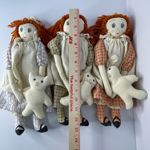 Folk Art Cloth Triplet Rag Dolls Girls with Red Hair and Bunny, Cat and Bear - Picture 11 of 12